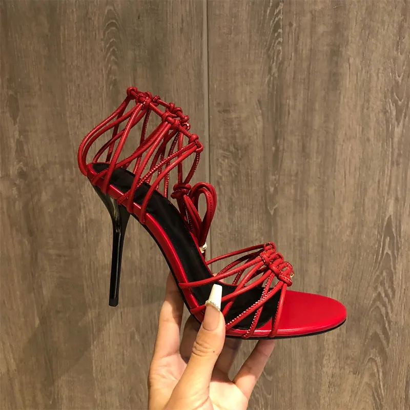 Designer women Cross-tied Ankle Strap Stiletto Heel Sandals open toe Lace-Up Leather sole high heels 10.5cm evening party shoes factory footwear