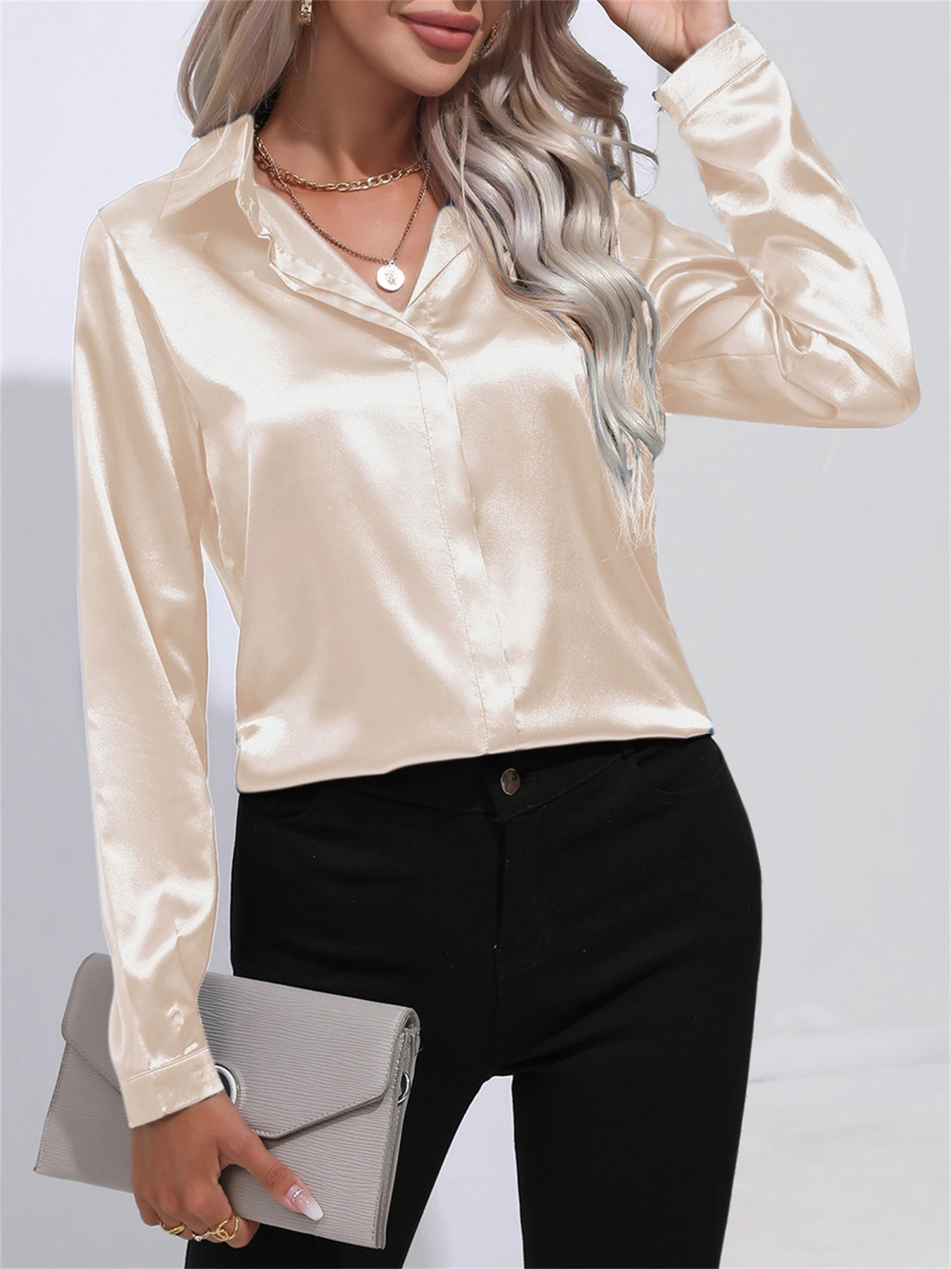 Elegant Turn-Down Collar One Button Satin Long Sleeve Shirt For Women Office Blouse 250303