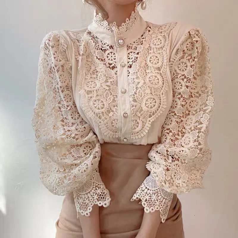 Elegant Lace Tops Embroidery Hollow Out Solid Stand Collar Female Tunic Plus Size Petal Sleeve Spring Womens Tops And Blouses 250228