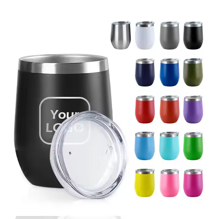 Customize logo 12oz Powder Coated wine glass Tumbler Stainless Steel Double Wall Insulated Vacuum egg Cups with lid red wine glasses 16 colors