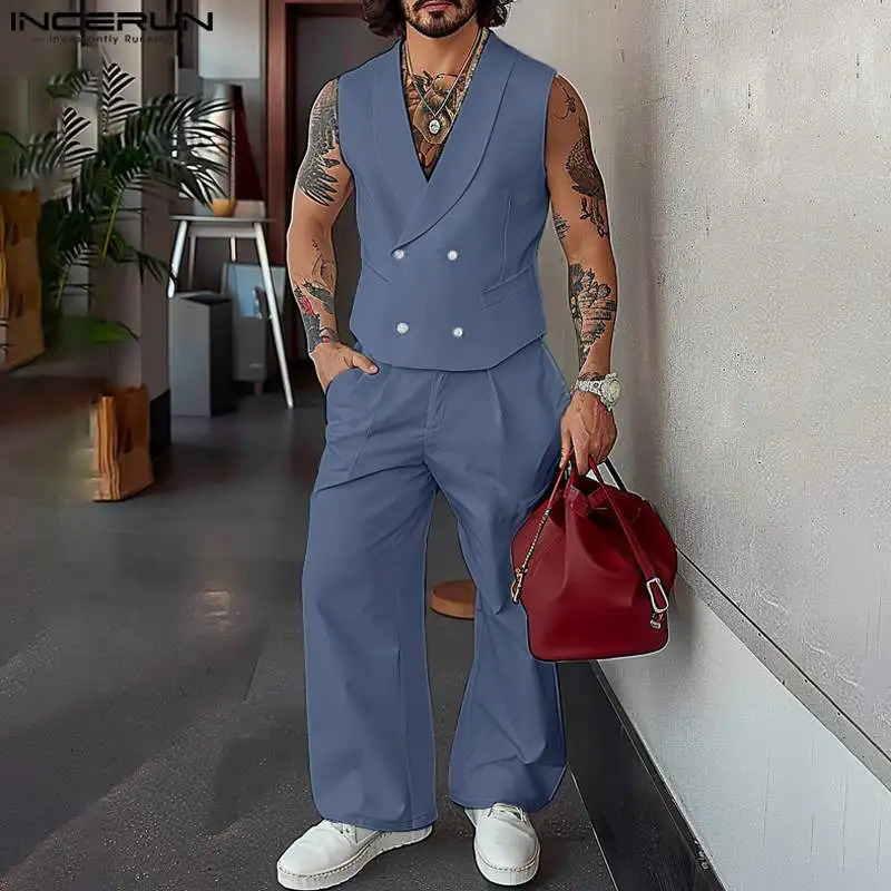 INCERUN American Style Fashion Sets Mens Solid Double Breasted Vests Pants Casual Streetwear Two-piece Sets S-5XL 250303