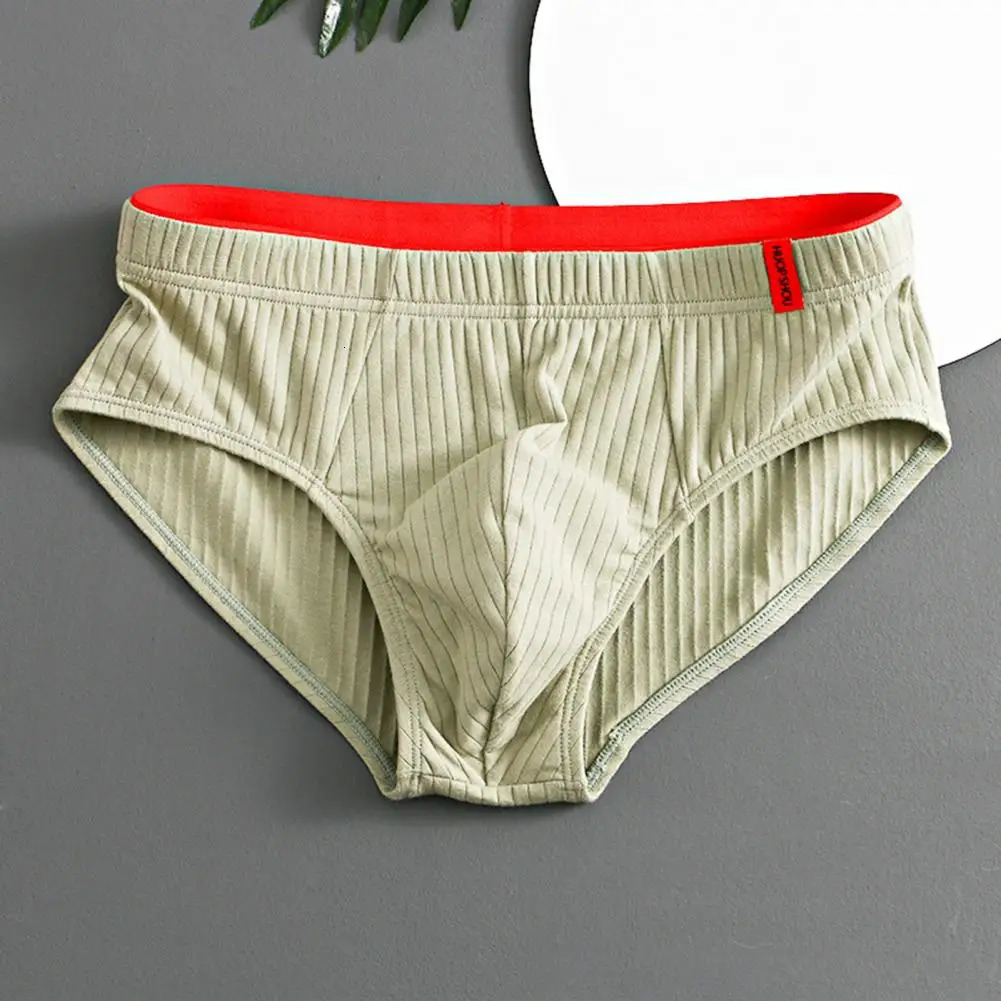 Men Briefs Anti-septic U Convex Mid Waist Elastic Striped Men Underwear Solid Color Casual Not Easily Deformed Male Underpants 250303