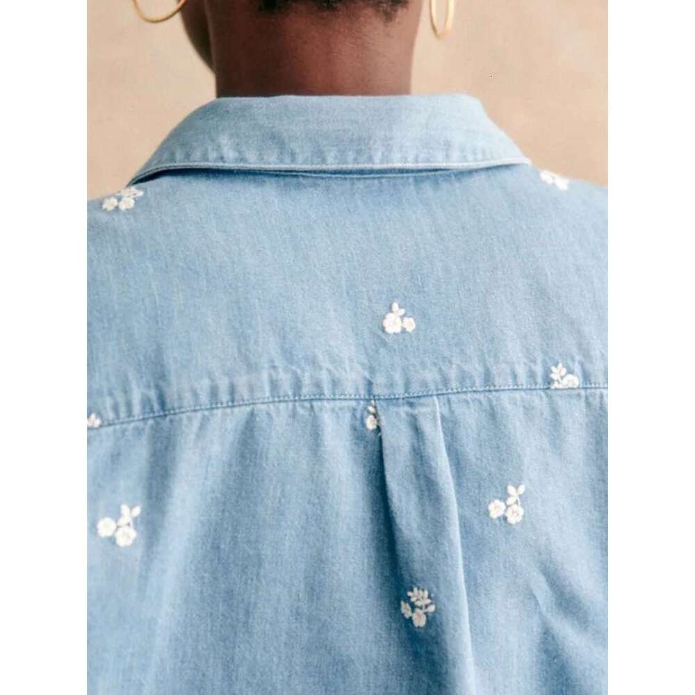 Women's French Wers Embroidery Denim Shirt Turn-Down Collar Fresh Ladies Long-Sleeved Blouse 2025 Spring New