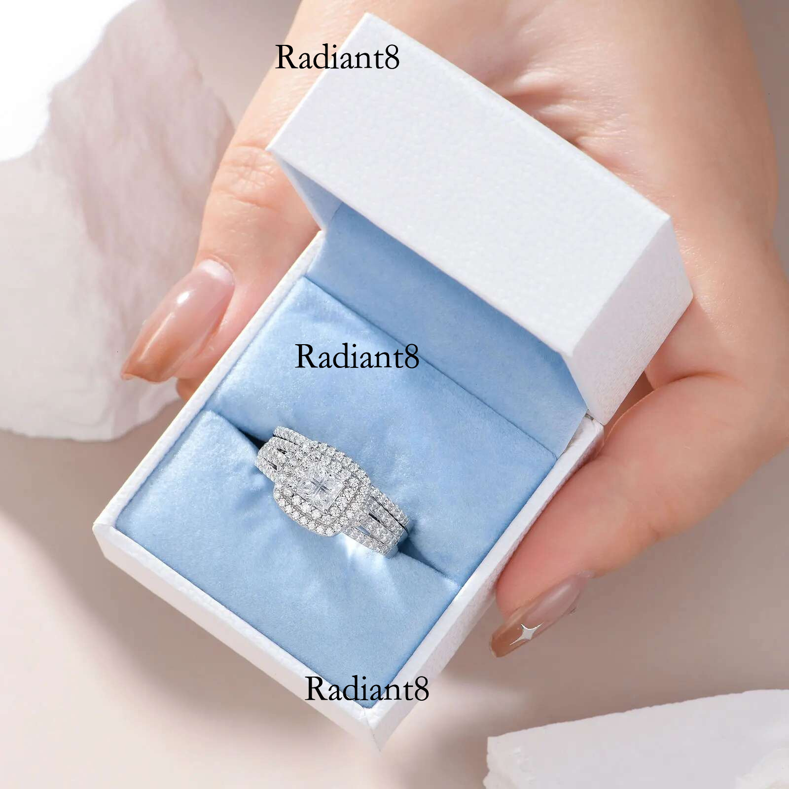 Newshe Sterg Sier Halo Wedding Ring Set for Women Elegant Jewelry Princess Cross Cut Simulated Dia Rings