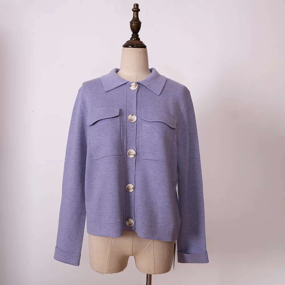 Sa Solid Color Jacquard Knit Cardigan Turn-Down Collar Long Sleeve Button Pocket Female Sweater Casual Cozy Ladies Top