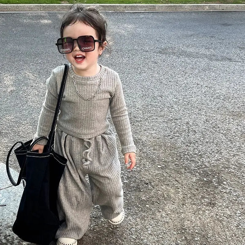 Baby Fashion Set Children Round Neck Long-Sleeved Top Solid Color Pant Suit Spring Autumn Thin Girls Casual Sports 2Pcs 2-8Y 250304