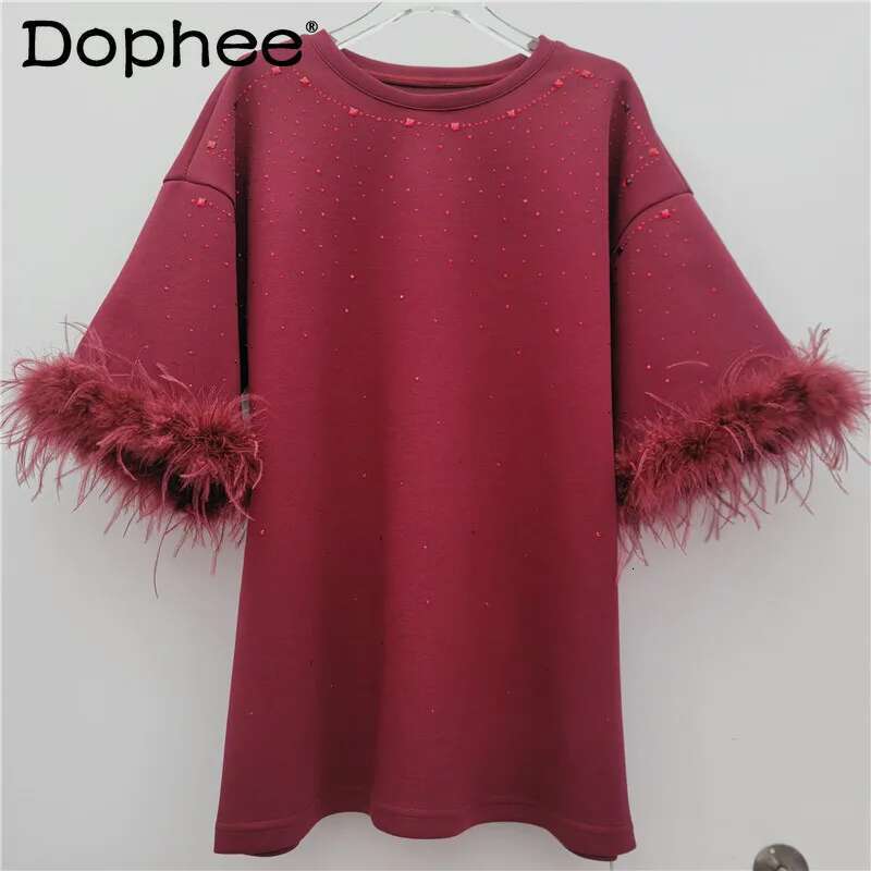 Heavy Industry Hot Dia Feather Splicing Half-Sleeve Large Edition T-Shirt Women's 2025 New Fashion Loose Short Sleeve Top