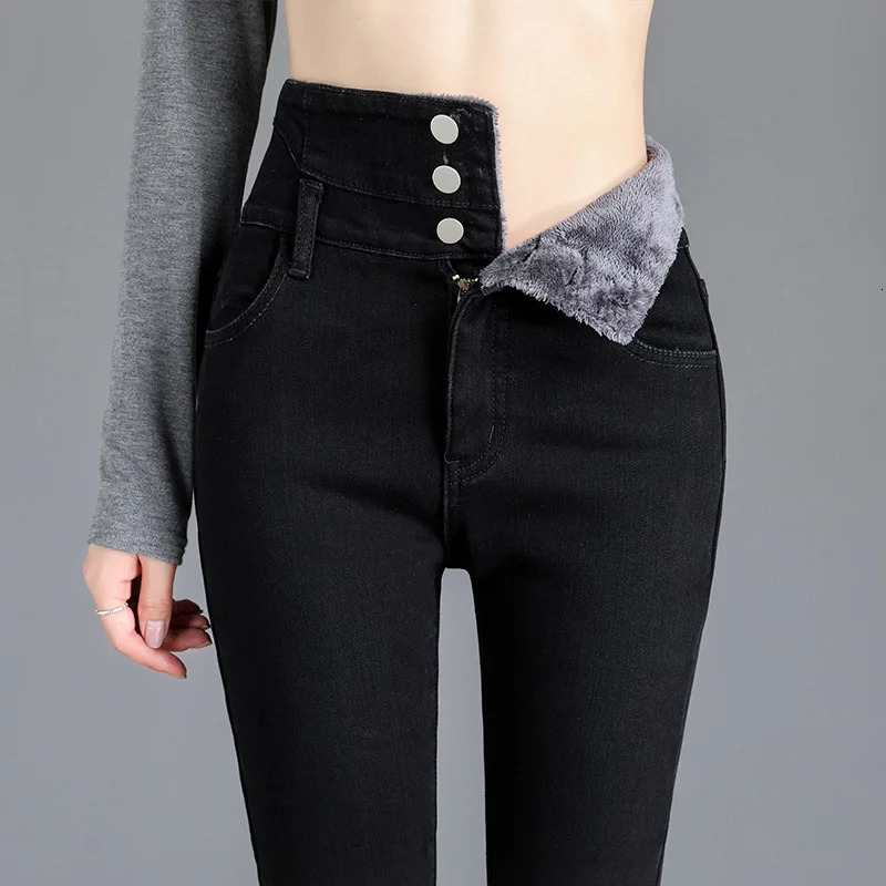 Thermal Winter Thick Fleece Highwaist Warm Skinny Jeans Women Stretch Button Pencil Pants Mom Casual Velvet 250227