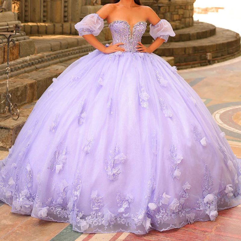 Lavender Shiny Quinceanera Dresses Ball Gown Off The Shoulder Applique Flower Beads Tull Party Birthday Sweet 16 Vestidos 15 De Anos