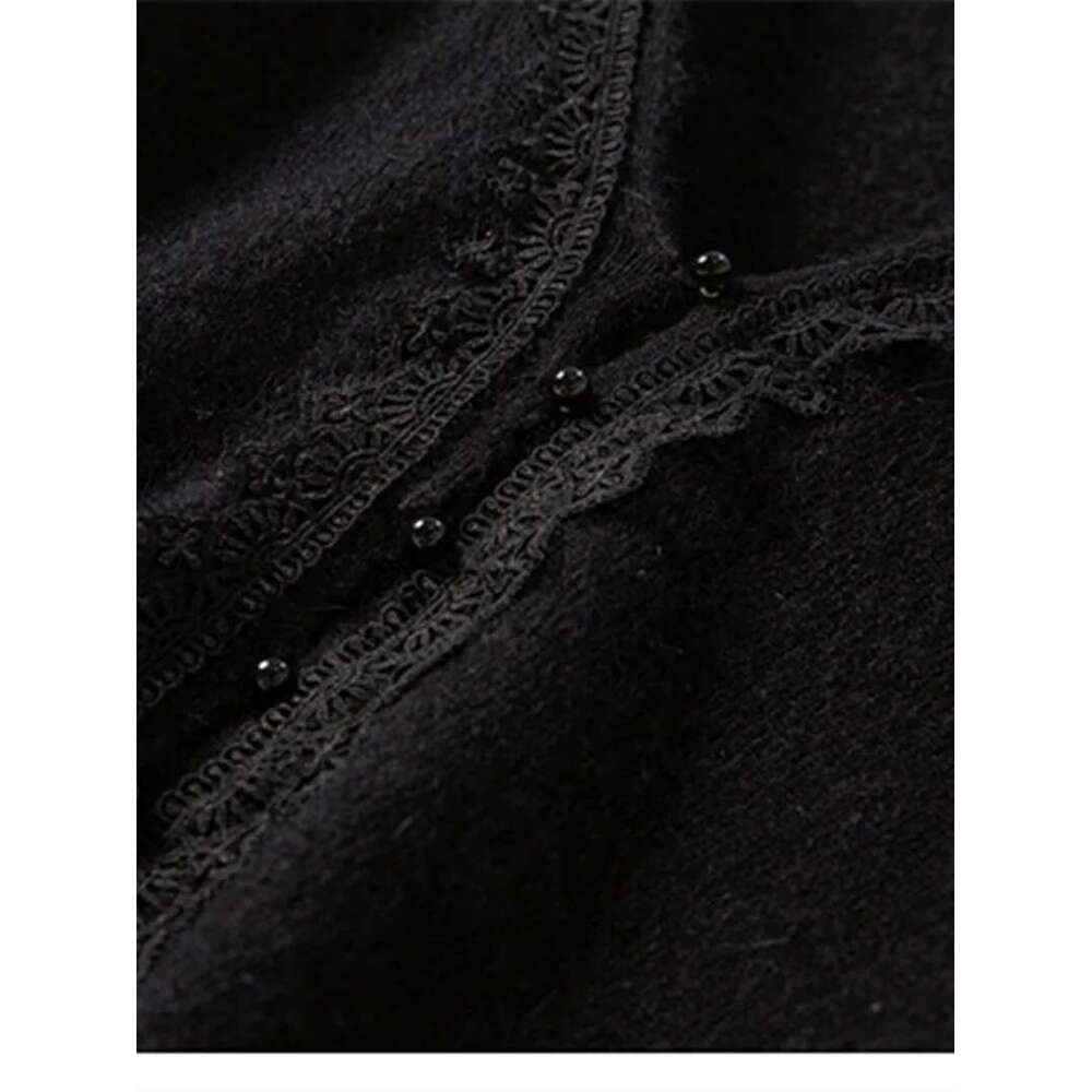Women Black Knit Cardigan Tops Spring Summer Ladies Single Breasted Sweater V-Neck Lace Trim Ing Knitwear