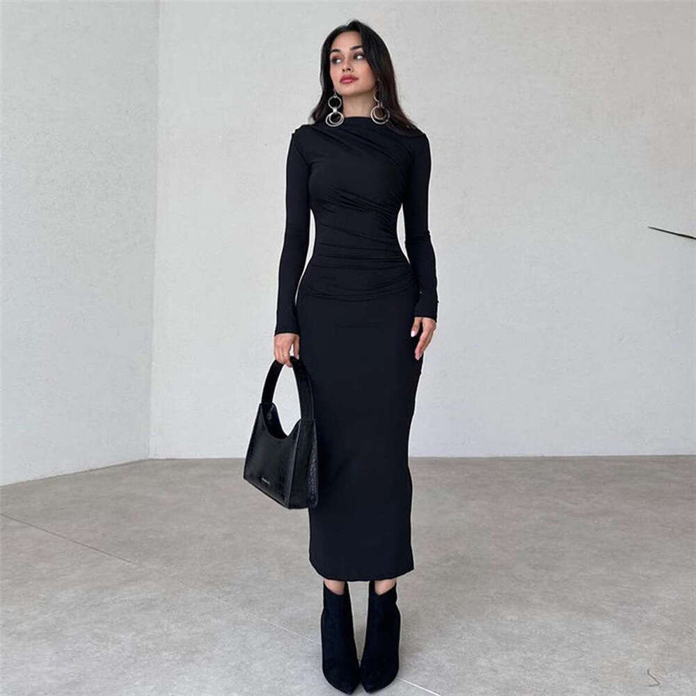 2024 Spring and Autumn New Slim Fit, Advanced Sense, Solid Color, Elegance, Long Style, Wrapped Hip Dress for Women