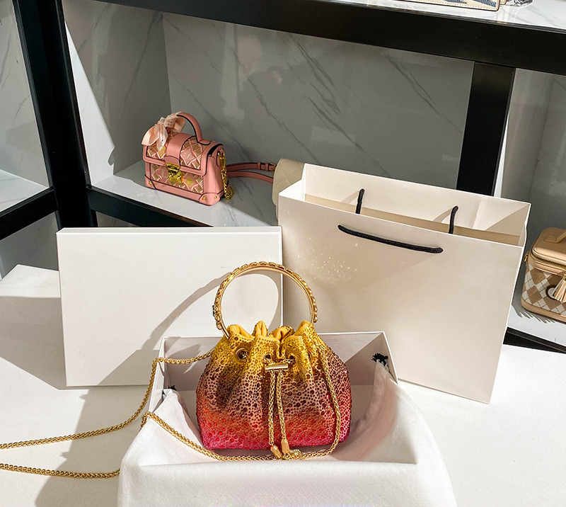 Free Shipping New Designer Bag Gradient Volcano Color Bucket Shiny Rhinestone Women's Bag High Beauty Handbag Wallet Glitter Chain Bag