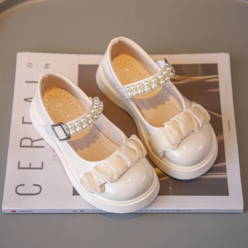 Spring and Summer Girls Leather Shoes Nonslip Glossy Pearls Bow Solid Color Simple Baby Casual Kids Loafers 250303