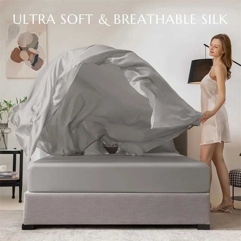 100% mulberry silk 4/6 piece bed sheet set solid color bed sheet set luxurious silk set flat pillowcase washable and softXJ250303