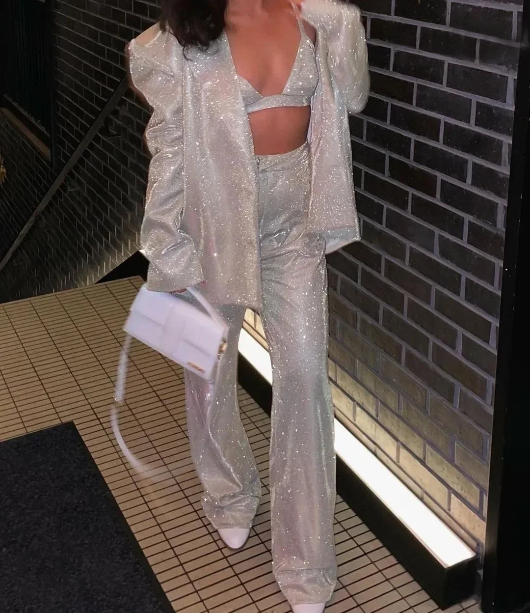 Fashion Sequined Casual Threepiece Suit for Women Highwaisted Loose Solid Pant Sets Sexy High Street Longsleeved Jacket 250225