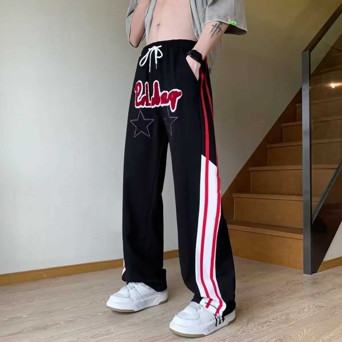 Summer American retro sports pants men and women star letters casual sweatpants High street fashion brand loose straight pantsXJ250303