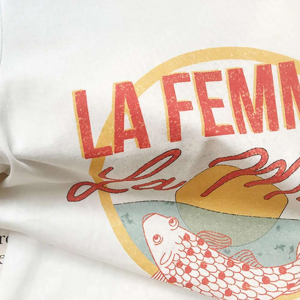Fish Sea Letter Graphic Print Women T-Shirt Summer Short Sleeve Loose Lady Pullover Classic Casual Vintage Femme Top