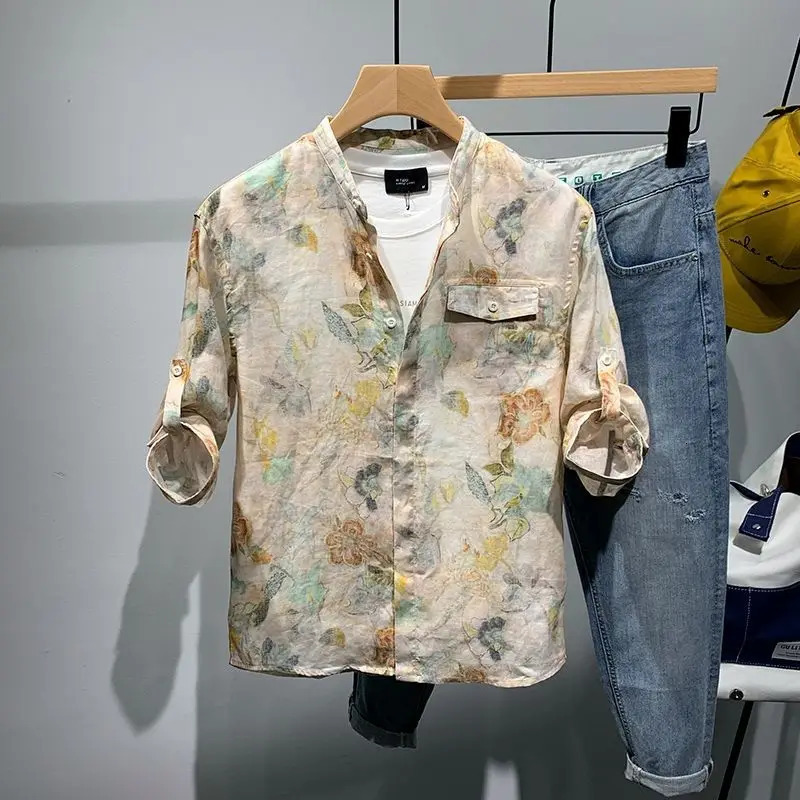Summer Shirt Mens Short-sleeved Starry Sky Pattern Tie-dye Five-point Sleeve Teenager Student Casual Half-sleeved Floral Shirt 250227