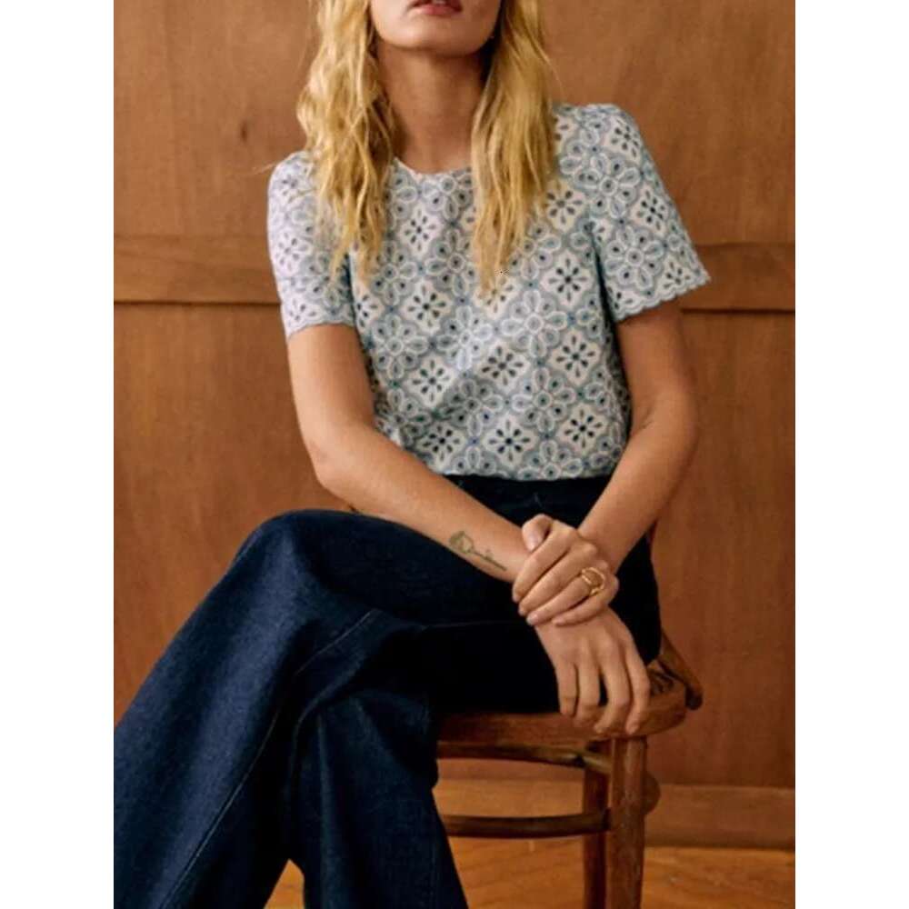 Women Crochet Hollow Out Blouse Embroidered Round Neck Versatile Top Fashionable Slim Short Sleeved Shirt For Lady