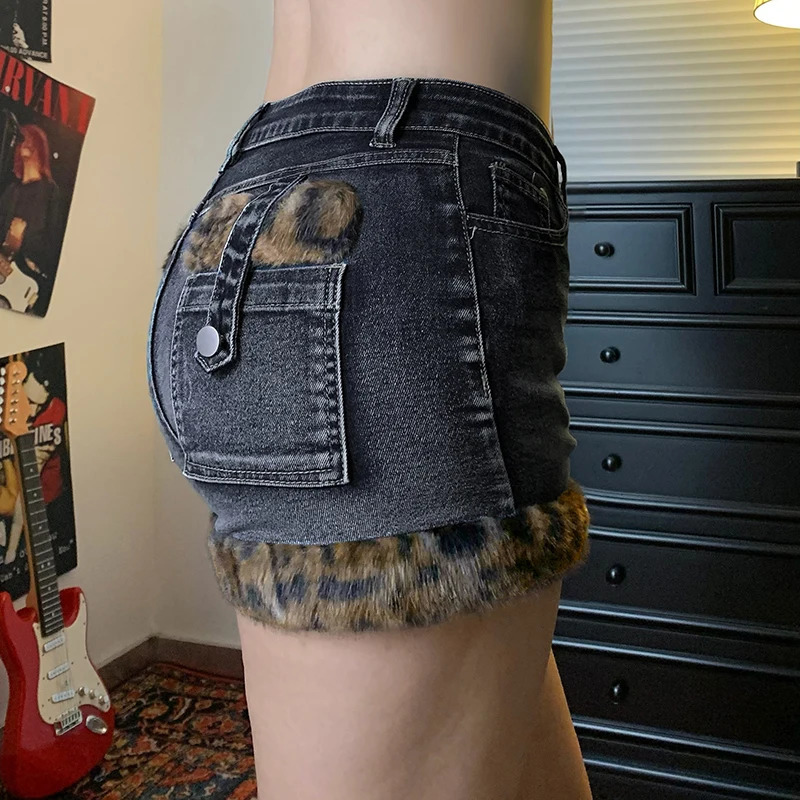 SUCHCUTE Leopard Print Fur Patchwork Shorts Jeans Women Low Waisted Button Up Mini Shorts Fashion Vintage Y2k Clothing 2025 250303