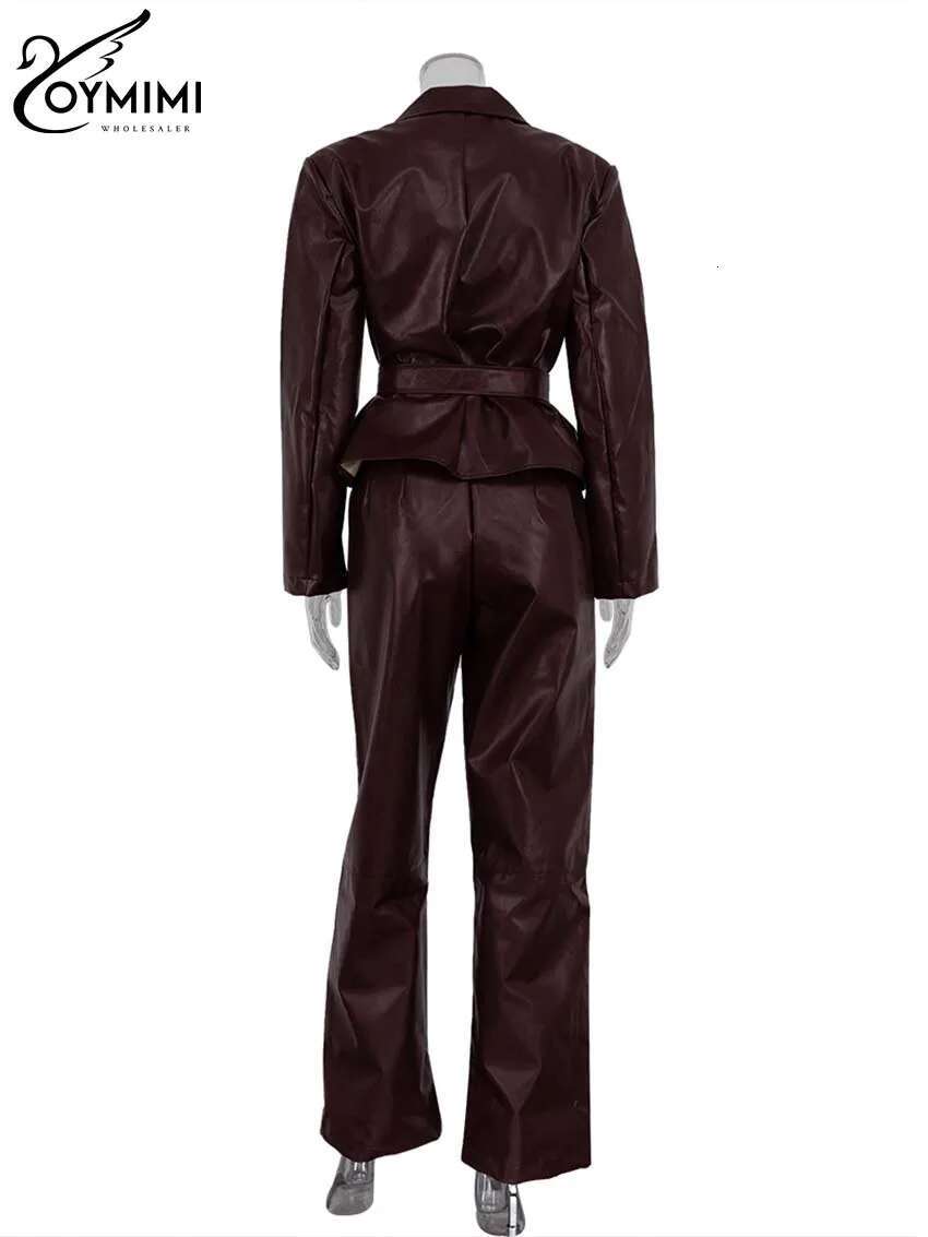 Vintage Wine Red Pu Leather Womens 2 Piece Outfit Elegant Long Sleeve Lace-Up Shirts And Straight Simple Trousers Set