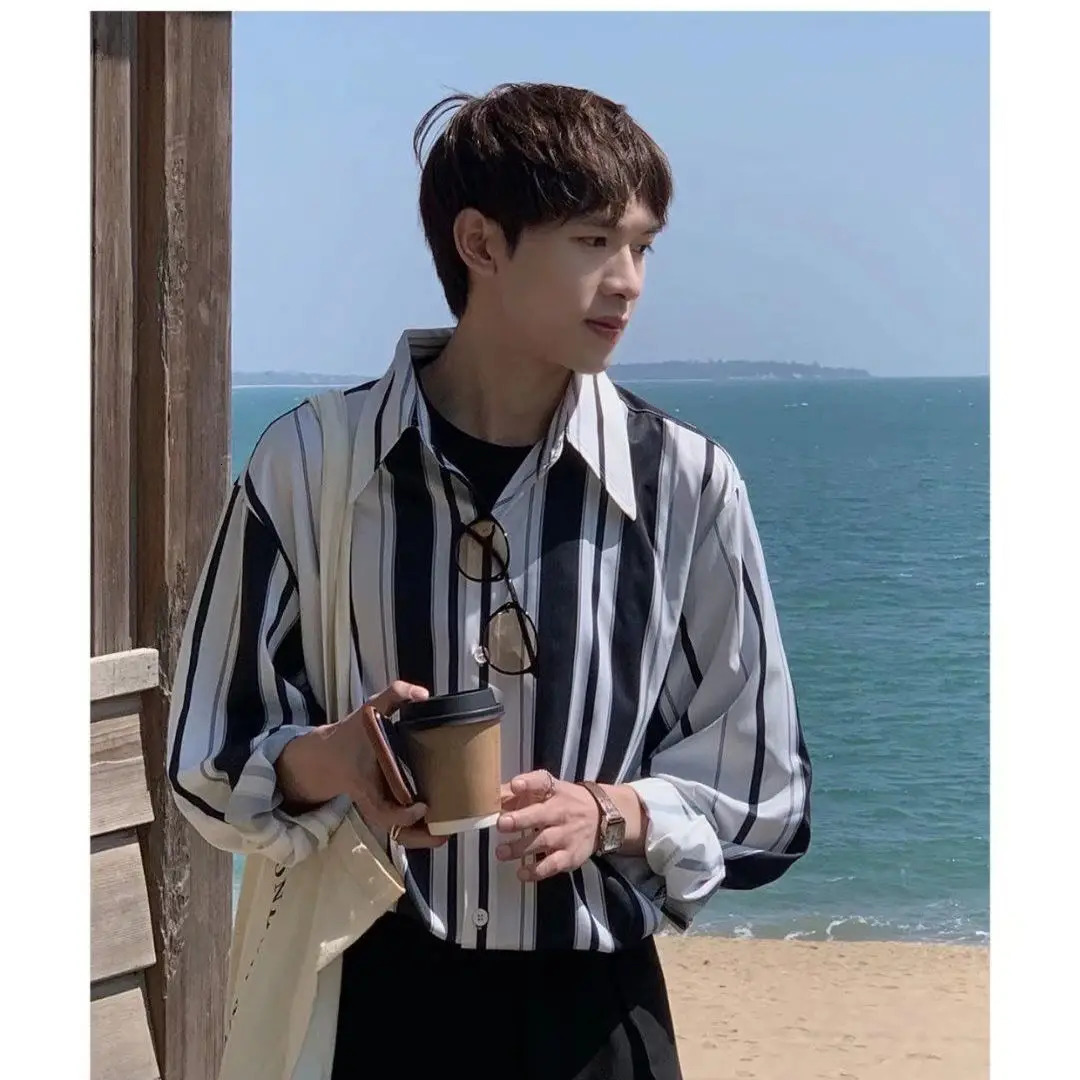 Green Striped Shirt Men Long-sleeved Trendy Handsome Printed Cardigan Without Ironing Loose Spring and Autumn Jacket 250227