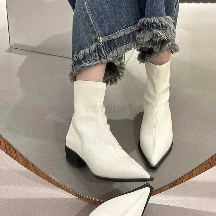 Pointed Toe Wen Ankle Boots Fion Thick Heel Slimming Short Booties Autumn Winter Soft Leather Fem Shoes Z250304