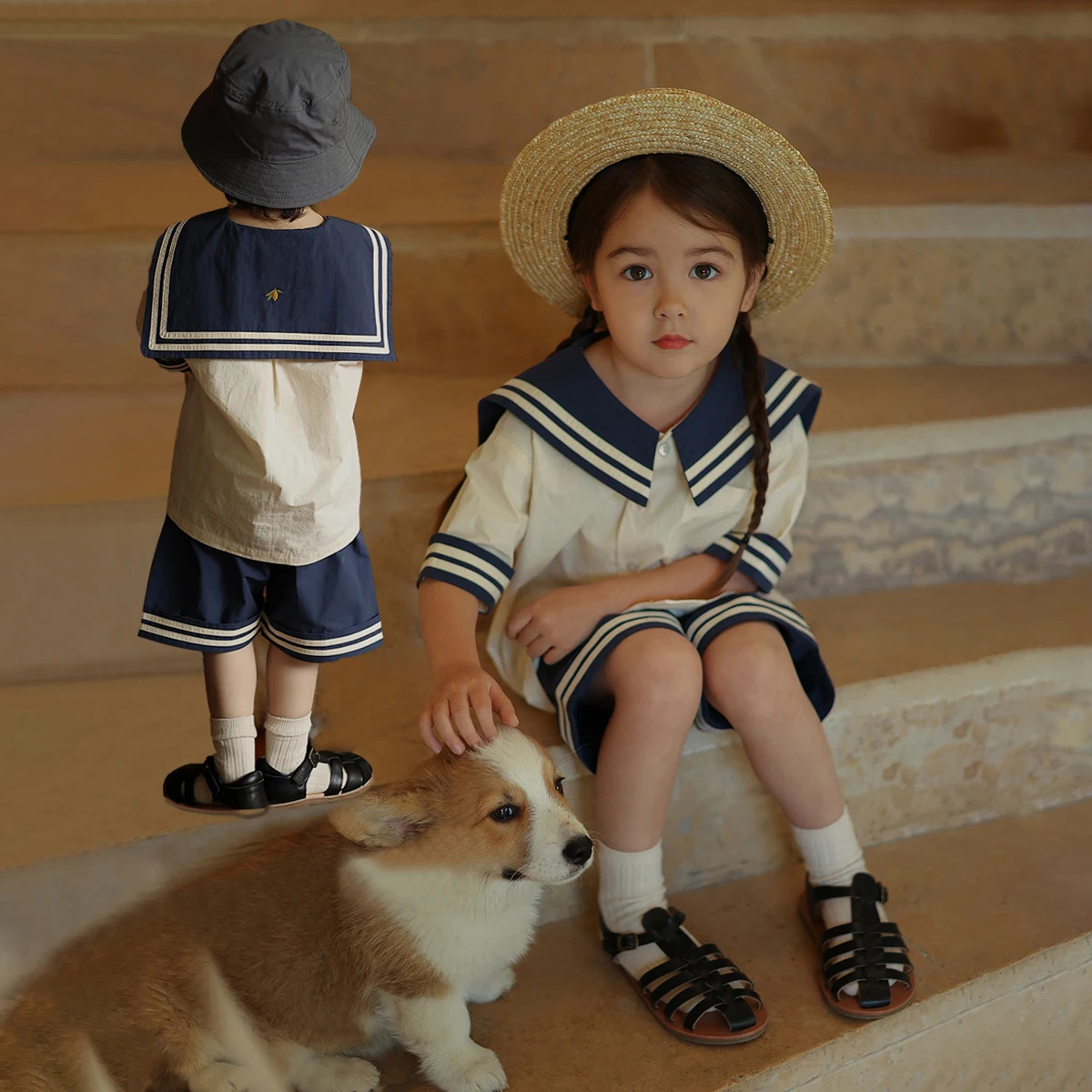 Baby Boy Girl Clothes Sets Sailor Collar Soft Cotton Fashion Baby Navy Uniform Baby Costume 250304
