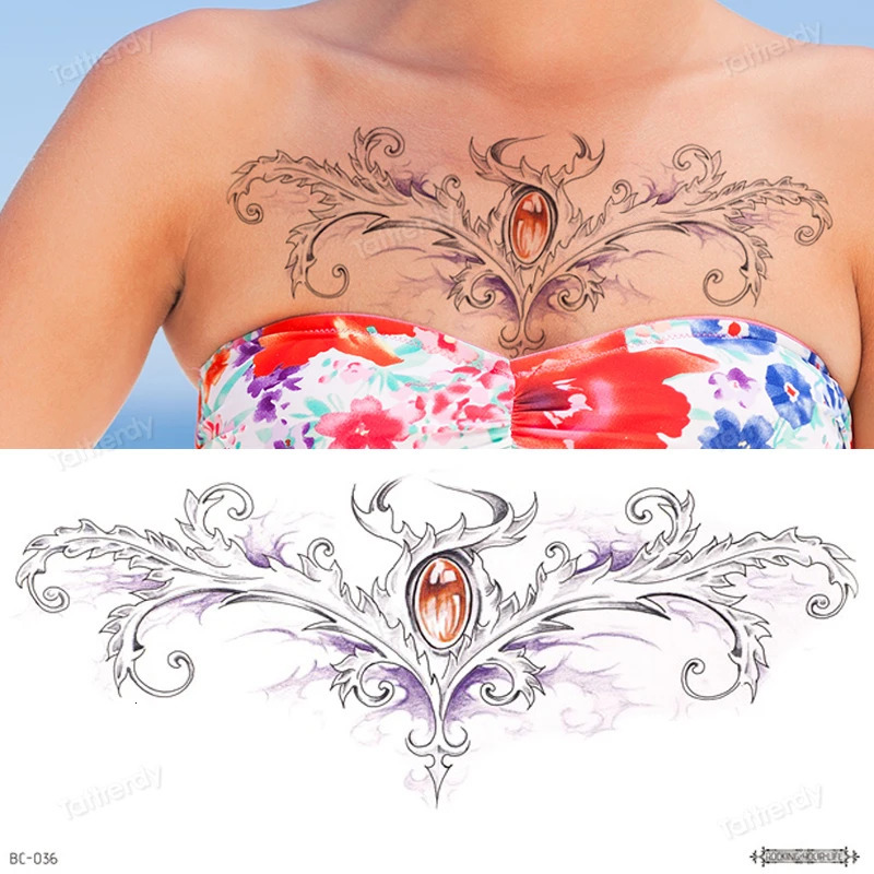 body jewel sticker Big temporary tattoos black henna lace sternum tattoo chest waterdecal flowers rose peonies mandala pattern 250219