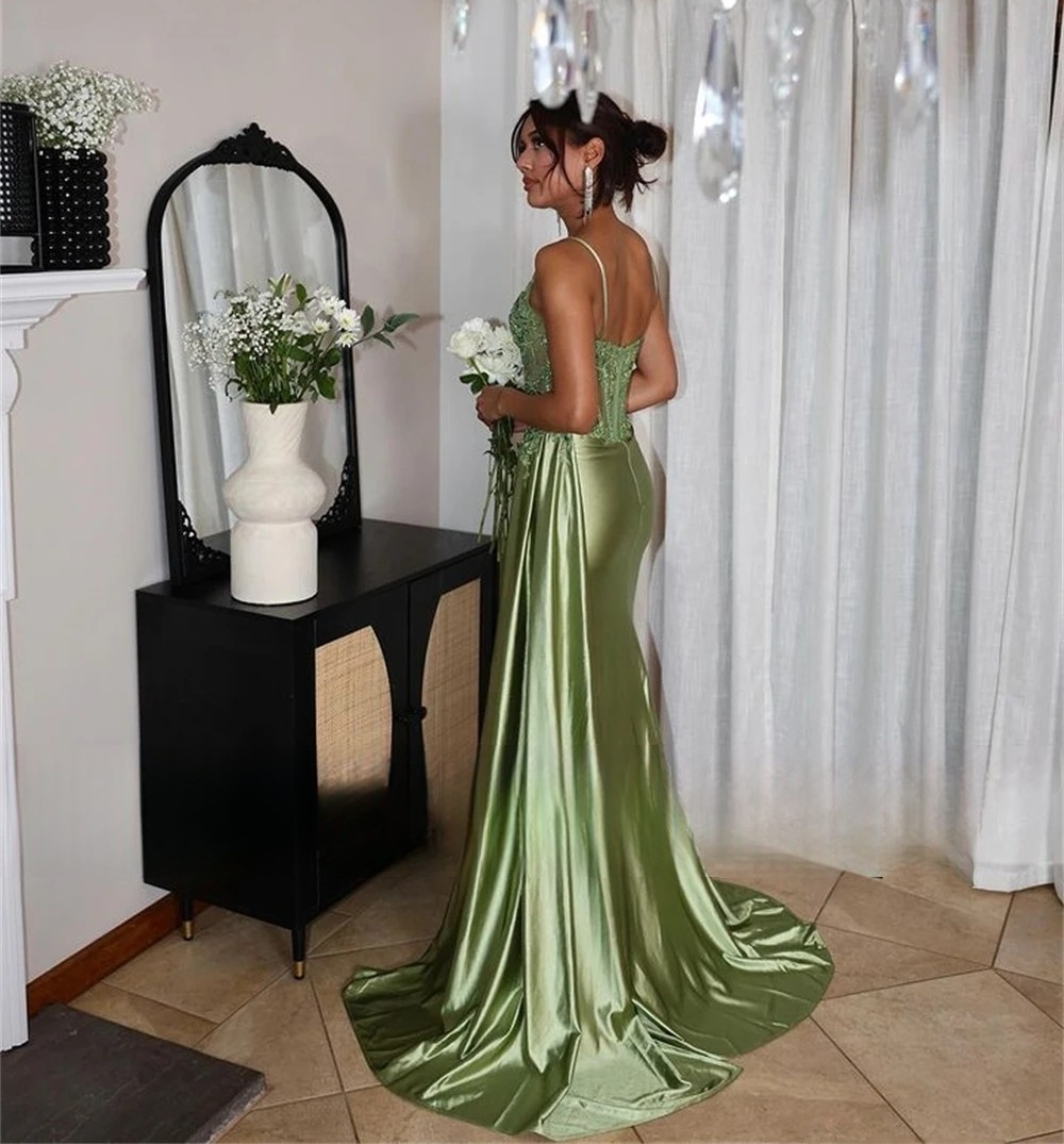 Spaghetti Strap Long Olive Green Prom Dresses Side Slit Sexy Satin Special Occasion Gown Lace Appliques Bridesmaid Dress