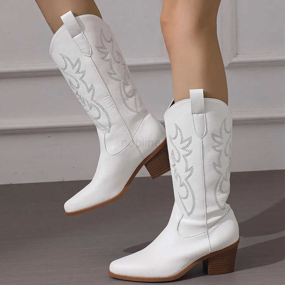 2024 Big size 43 Good Quality White Cowboy Boots Wen Vintage Block H Country Concert Mid-calf Wern Cowgirl Boots Shoes Z250304