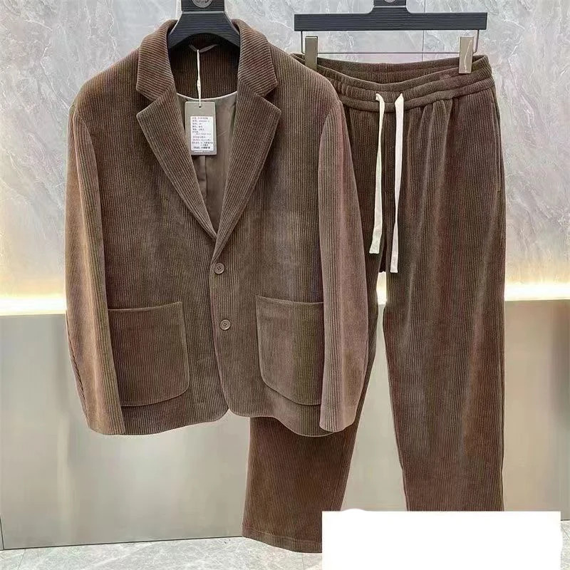 Mens springsummer long sleeved casual Korean slim fit twopiece solid creased jacket with lining set 250227