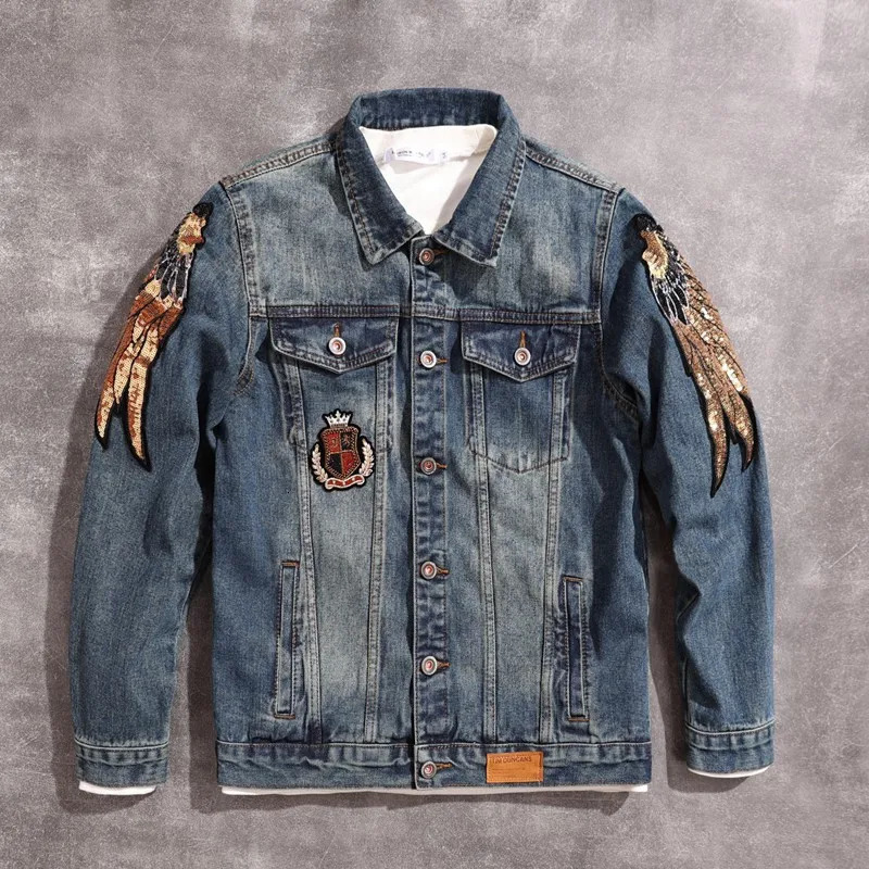 2025 personalized sequins n mens denim jacket Owl embroidery fashion Trendy loose versatile tops 250304