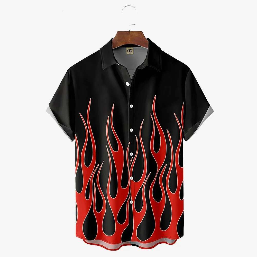 2025 Summer New Designer Printed Men's Flame Printed Hawaiian Casual Short Sleeve Top Fashion Beach Vacation Shirt Men's Summer Plus Size Cl