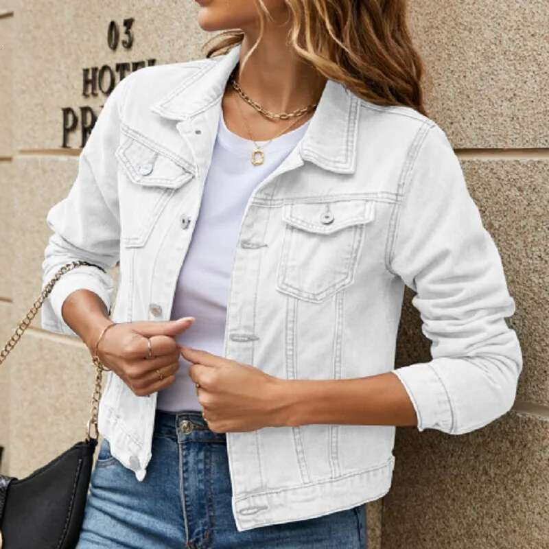 Women Autumn Denim Short Jackets Single Breasted Long Sleeve Turn-Down Collar Jeans Coats