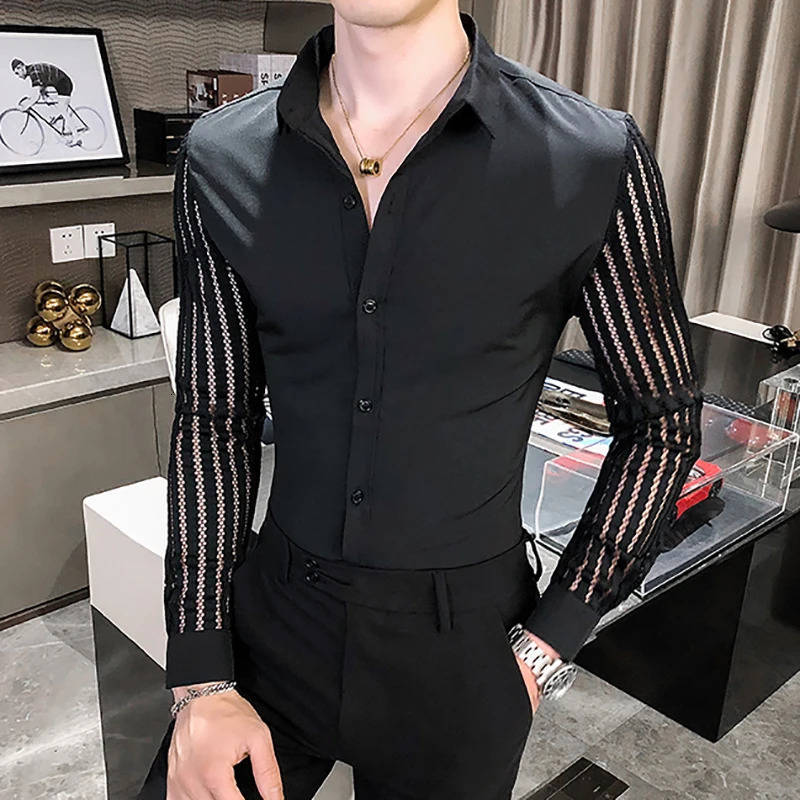 Men Lace Perspective Shirt Party Prom Hollow Lace Patchwork Long Sleeve Tuxedo Shirt Nightclub Casual Social Shirt 250304