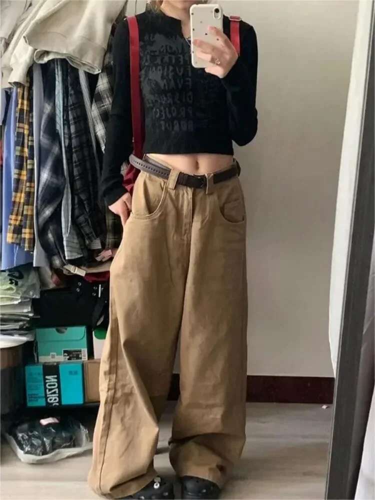 HOUZHOU Y2k Vintage Brown Woman's Cargo Jeans Oversize Japanese 2000S Style Spring Trousers Haruku Korean Wide Denim Pants