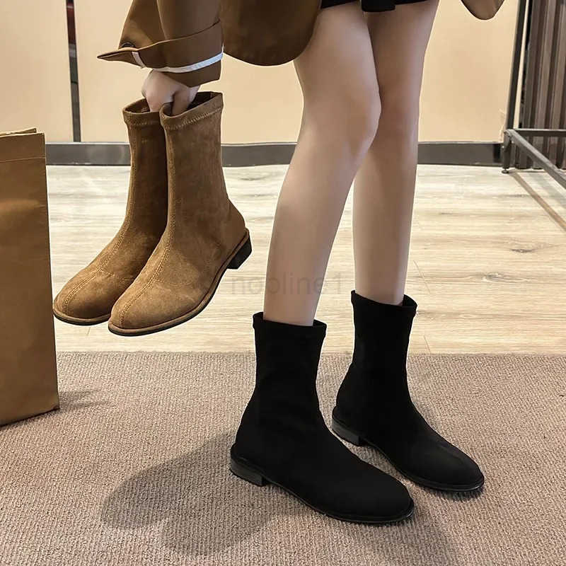 Vintage Wen Streh Sock Boots Fion Elegant Zippers Shoes Autumn Winter Flats Laides Modern Short Booties Z250304
