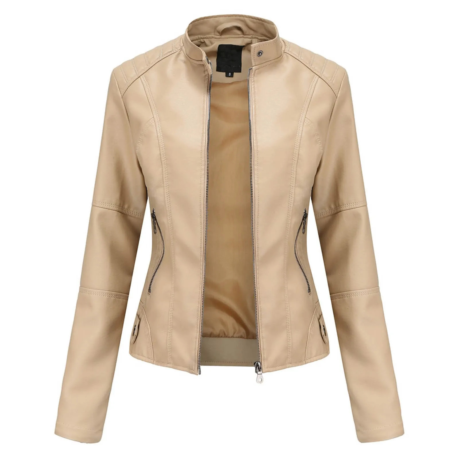 Womens Solid Color Pu Leather Jackets Slim Fit Zipper Bomber Coat Turtleneck Motorcycle Jacket 250226