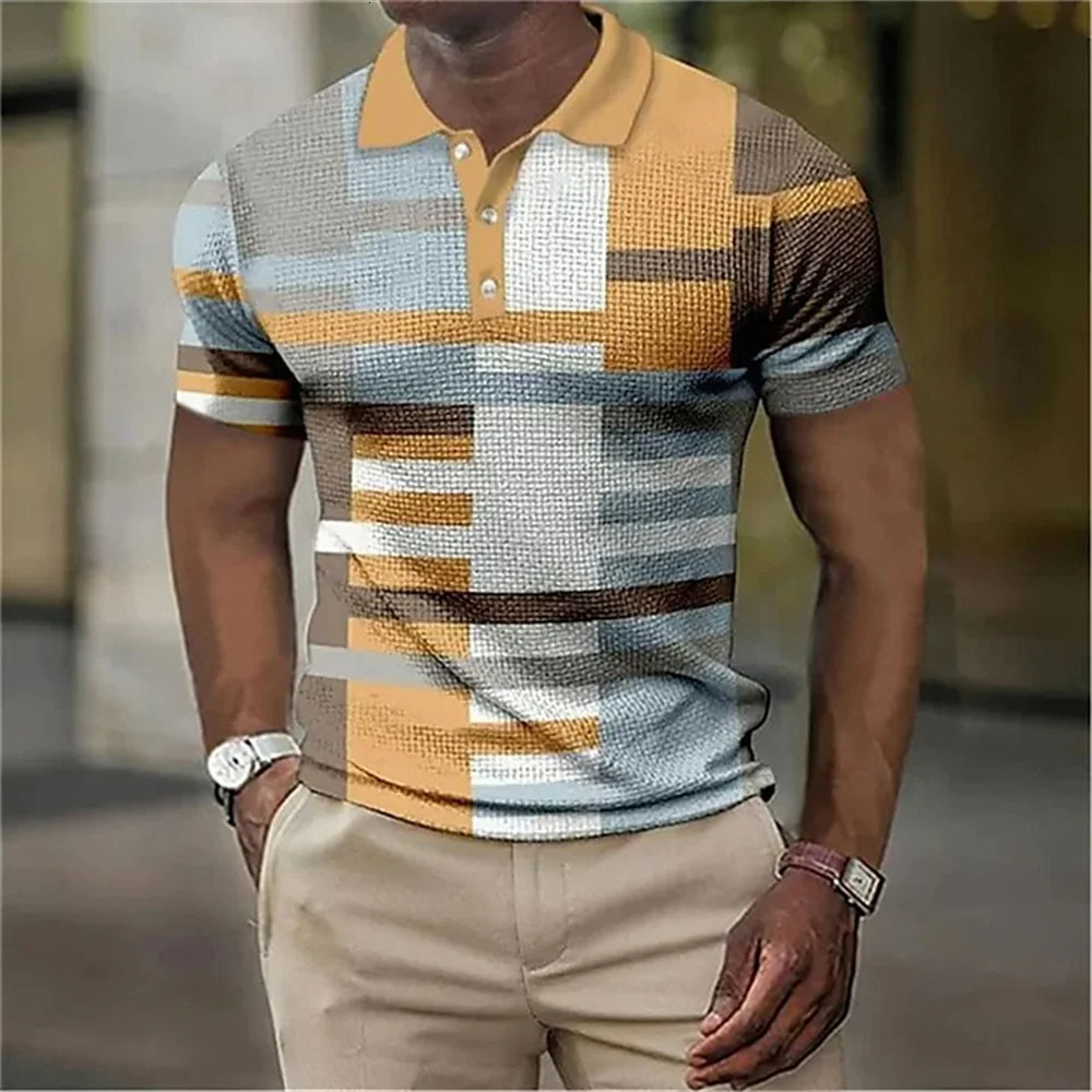 Fashion MenS Polo Striped Plaid Print Vintage MenS Clothing High-Quality Top Street Casual Short Sleeved Loose Oversized Shirt 250304
