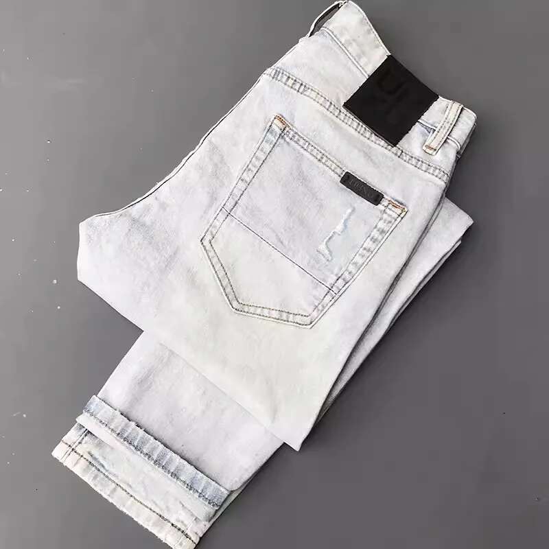 Street Fashion Retro Light Blue Stretch Slim Fit Hip Hop Ripped Jeans Men Patched Designer Vintage Denim Pants Hombre