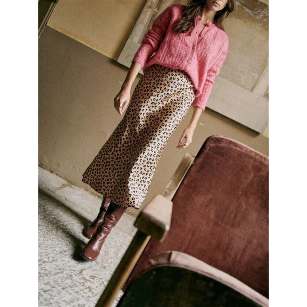 Retro Leopard Print Women Satin Midi Skirt Spring New Ladies A-E High Waisted Mid Length Jupe All-Match