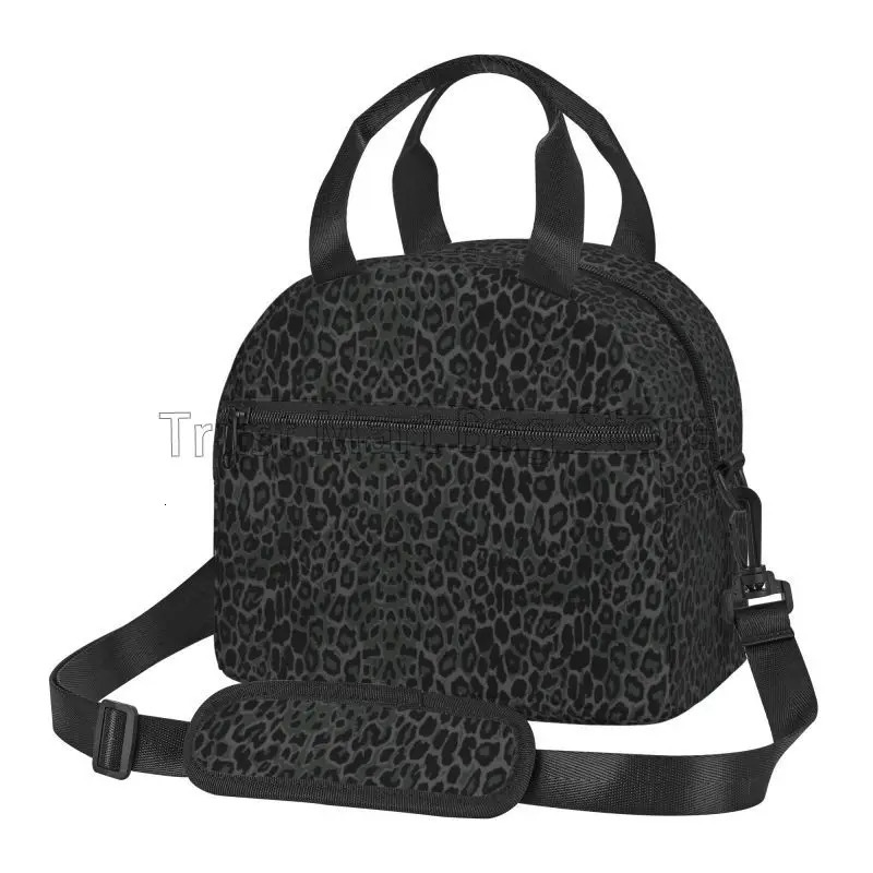 Black Leopard Print Lunch Bag Insulated Reusable Bento Tote for Women Thermal Cooler Bag with Adjustable Strap for Work Travel 250228