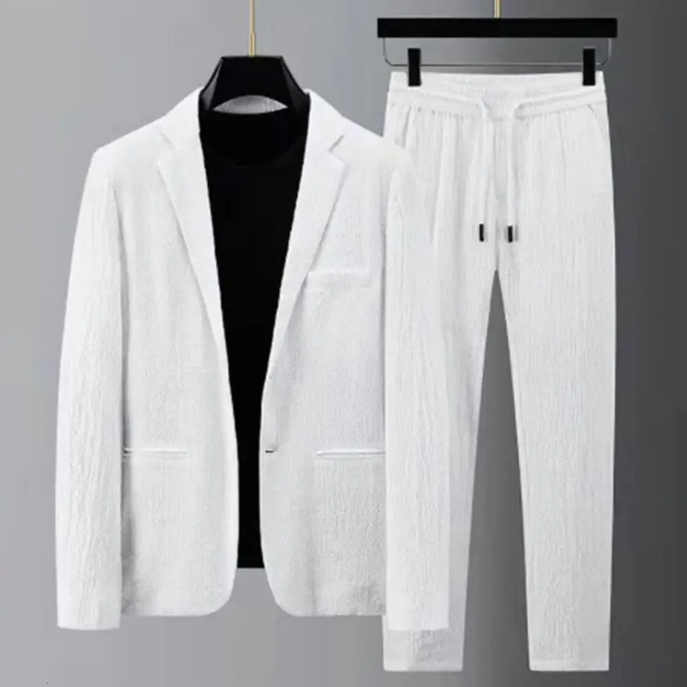 Men Two-piece Suit Striped Pleated Men Blazer Pants Set Pleated Drawstring Loose Lapel Pockets Thin Formal Business Men Set 250303