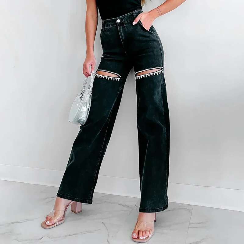 Women's Dia Patchwork Slim Long Pants, Sexy Hollow Zipper Jeans, Casual High Waist Button Denim Trousers, Summer Fashion, 20