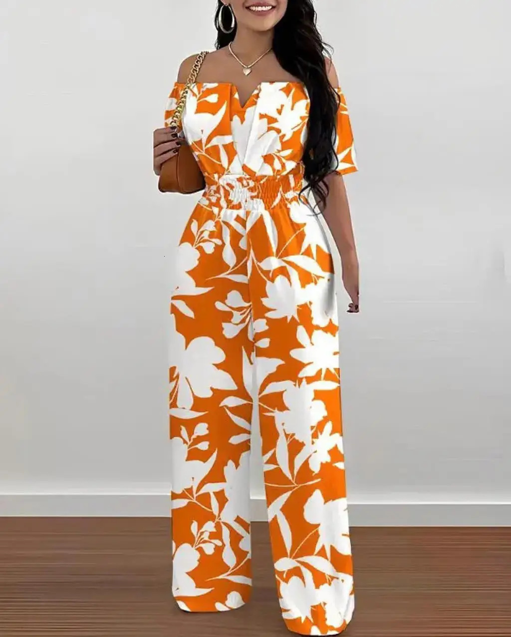 Summer Fashion Printed Wide Leg Jumpsuit Women Sexy Slash Neck Off-shoulder High Waist Jumpsuit Womem 250303