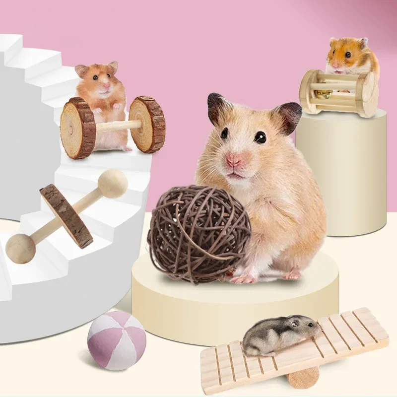 Cute Natural Wooden Rabbits Hamster Toys Pine Dumbells Unicycle Bell Roller Toys for Guinea Pigs Rat Small Pet Molars Supplies