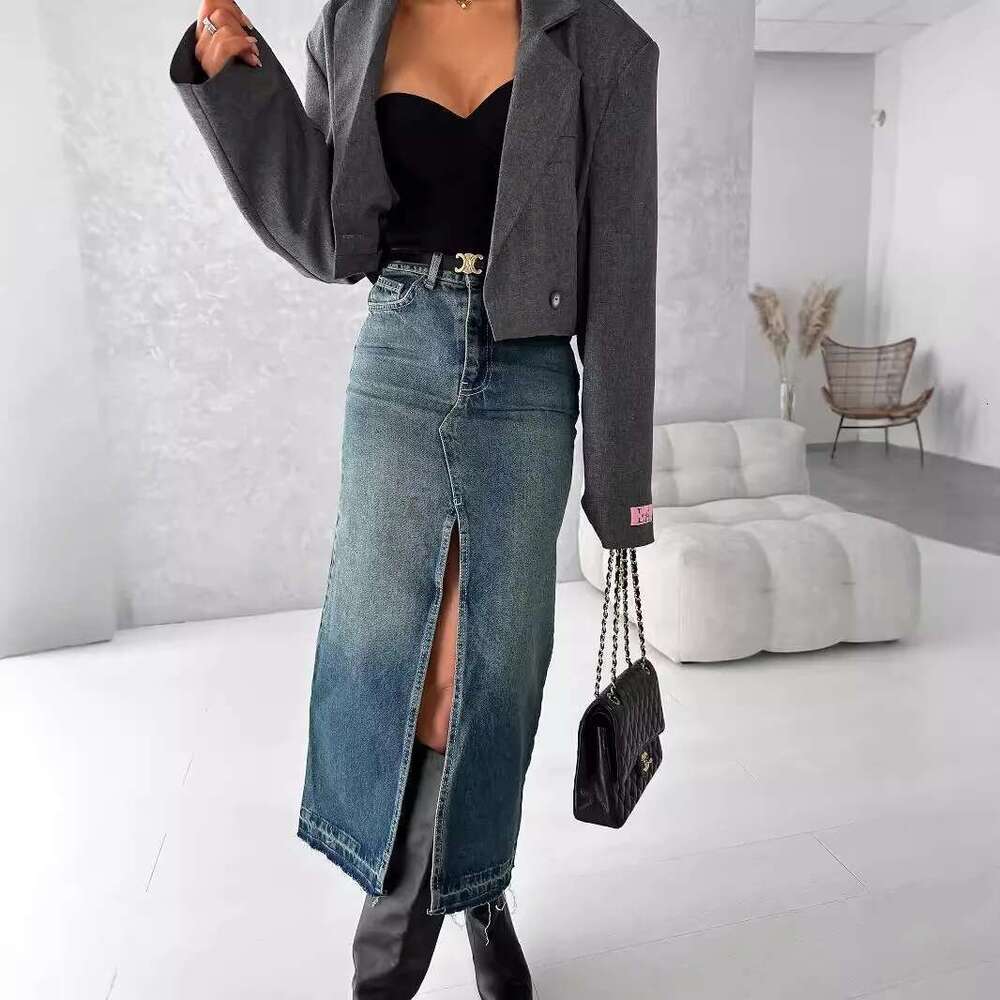 High Quality Women's Long Denim Casual Mid Waist Split Front Midi Jean Skirts With Pockets
