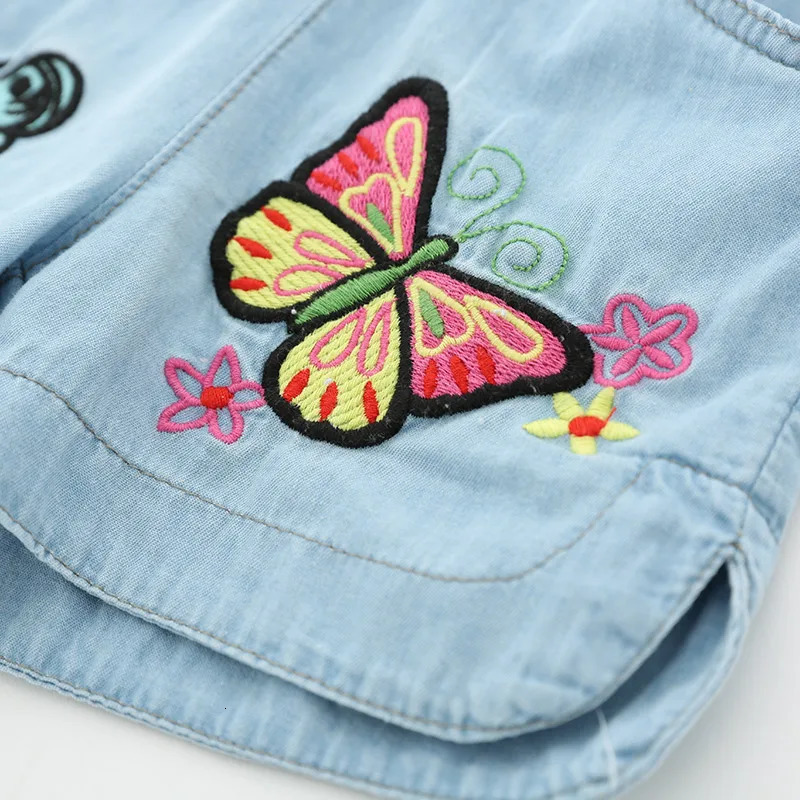 Summer Casual 2 3 4 6 8 10 12Years Children Embroidery Flower Cotton Pocket Denim Blue Shorts For Small Baby Kids Girls 250304