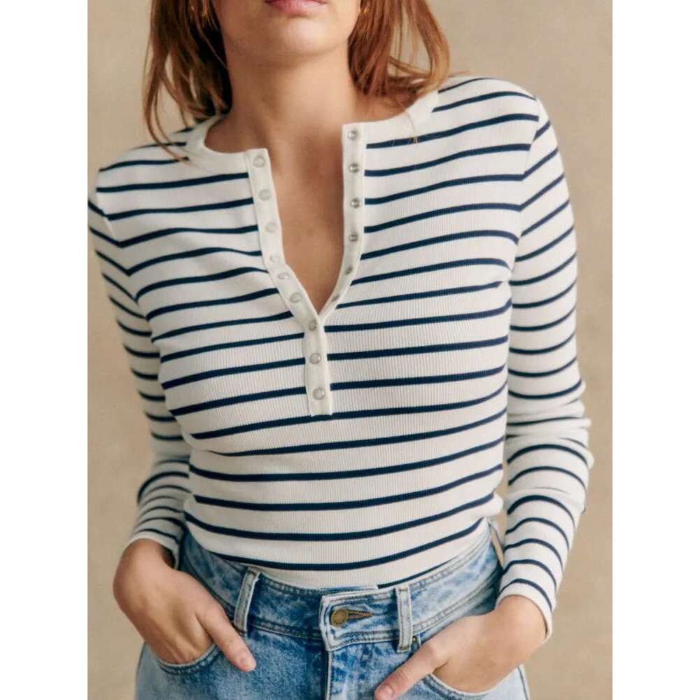 Women Stripes Or Black Slim Stretch T-Shirt 2025 Spring Fall Female Round Neck Tee Half Open Buttons Long Sleeve Tshirts